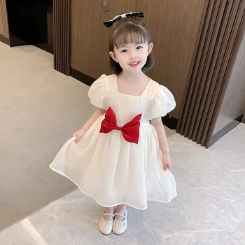 2021 Naujas Vasaros Bamblys Princesė Dress Vaikai Medvilnės Priežastinis Suknelė Raukiniai Gryna Spalva Baby Girl Drabužiai Korėjos Japonija Stilius
