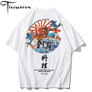 Japonijos Katė Ukiyo T Shirts Streetwear Vyrai, Print T-Shirt Harajuku tshirts Medvilnės pusė Rankovės Viršuje Tees lašas laivybos vyrų drabužiai.