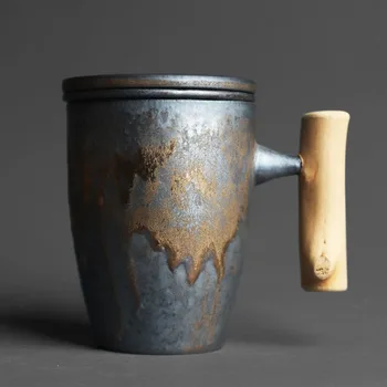 Japoniško stiliaus krosnies juodas aukso asmens buveinė arbatos puodelio su medžio rankena rankenos dizainas su vidinio įdėklo arbatos atskyrimo taurė