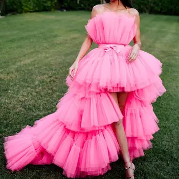 Kendall Jenner Fuksija Prom Dresses Aukštas Žemas Stebėjimo Pakopų Klostyti Tiulio Vakarą Įžymybių Chalatai 2022 Oficialų Šalis Suknelės Naujas