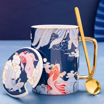 Kūrybos Kinų Stiliaus Keramikos Puodelius Su Šaukštu Dangčio Retro Kavos Puodeliai Pieno Geriamojo Vandens Tazas Arbatėlė Namų Drinkware