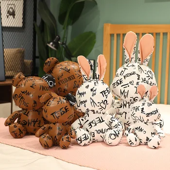 Mielas PU Grafiti Teddy Bear Rabbit Pagalvę Įdaryti Pliušinis Lėlės Triušis Meškiukas Pliušinis Žaislas Kawaii Lėlės Vaikams Gimtadienio Dovanos Mergaičių Berniukas Gif